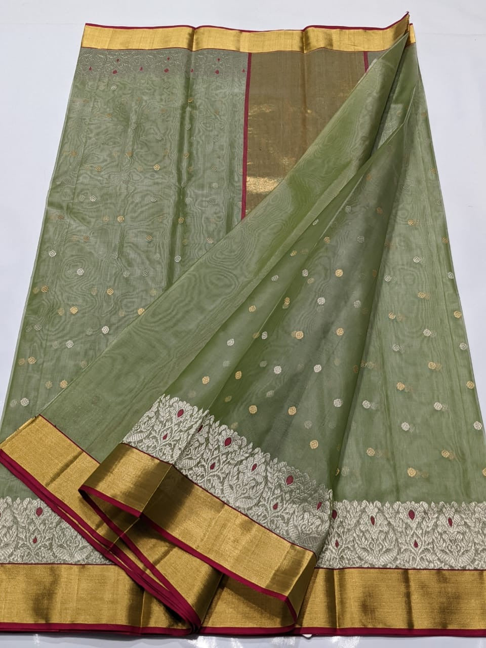 Chanderi Pista Green Hand Border Saree