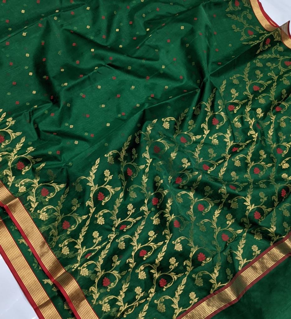 Green Small Border Panel Zaal Chanderi Handloom Saree