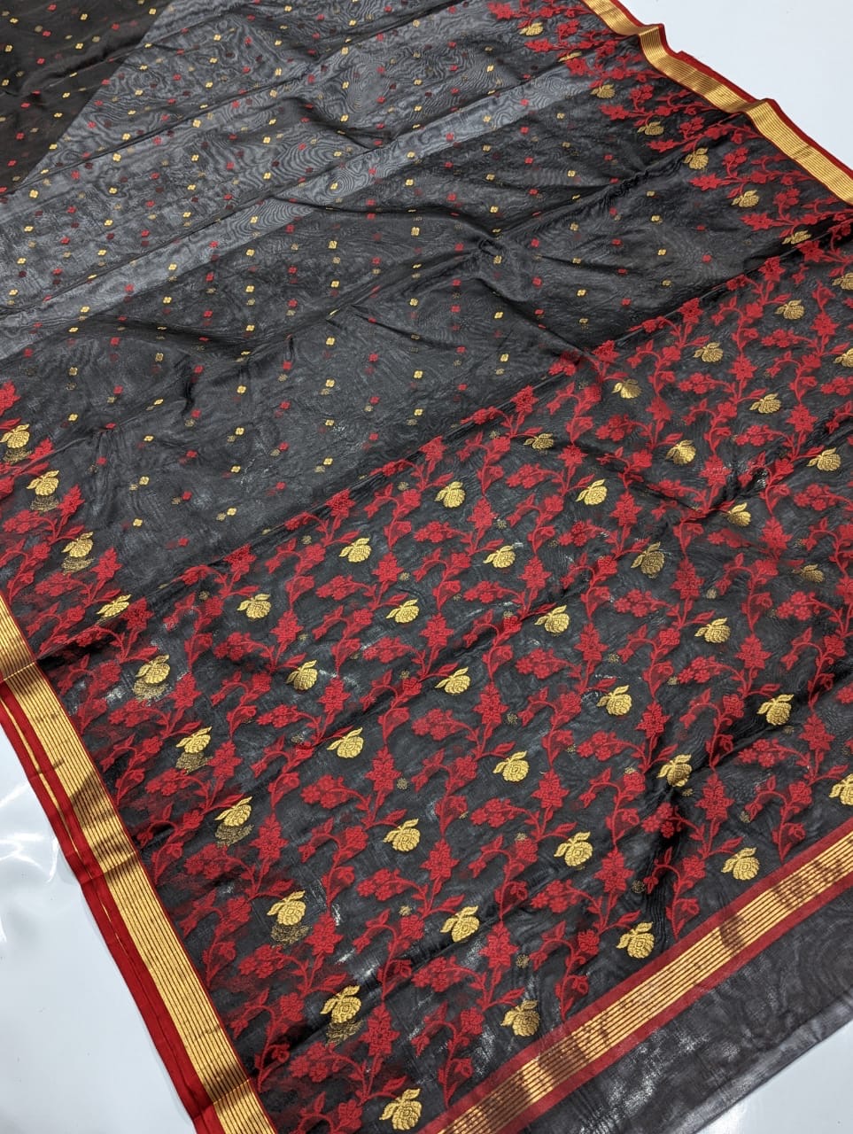 Black & Maroon Kinar Border Zaal Chanderi Handloom Saree