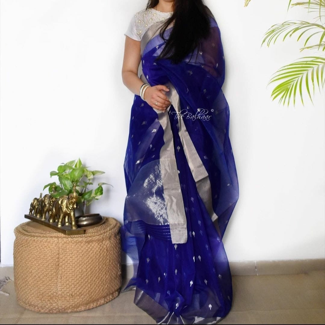 Navy Blue Chanderi Handloom Saree