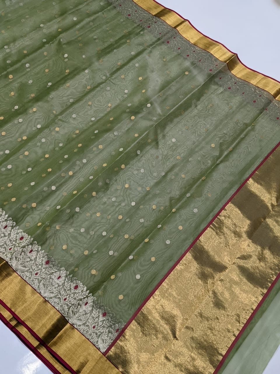 Chanderi Pista Green Hand Border Saree