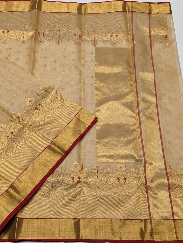 Beige Mina kari Hand Border Chanderi Handloom Saree