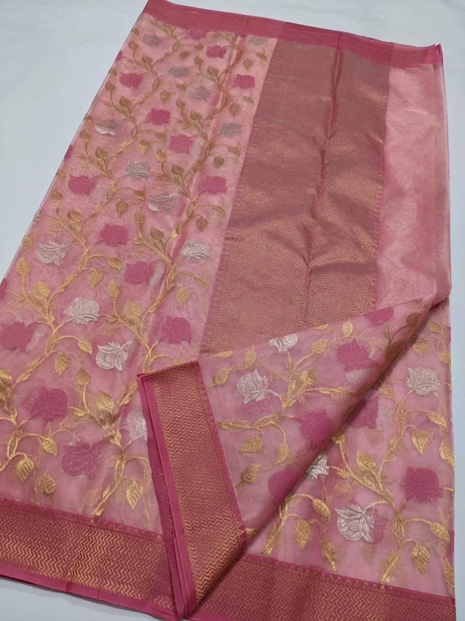 Pink Gold & Silver All Over Zaal Chanderi Handloom Saree