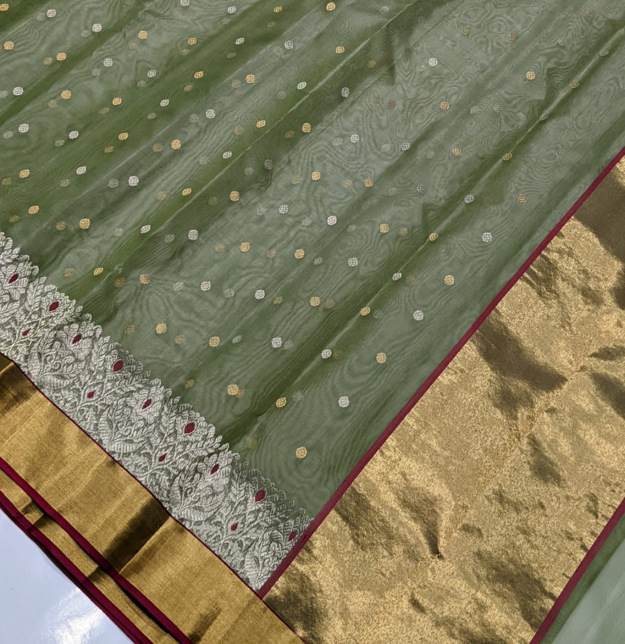 Chanderi Pista Green Hand Border Saree