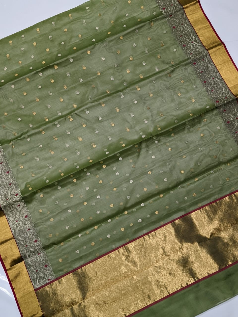 Chanderi Pista Green Hand Border Saree
