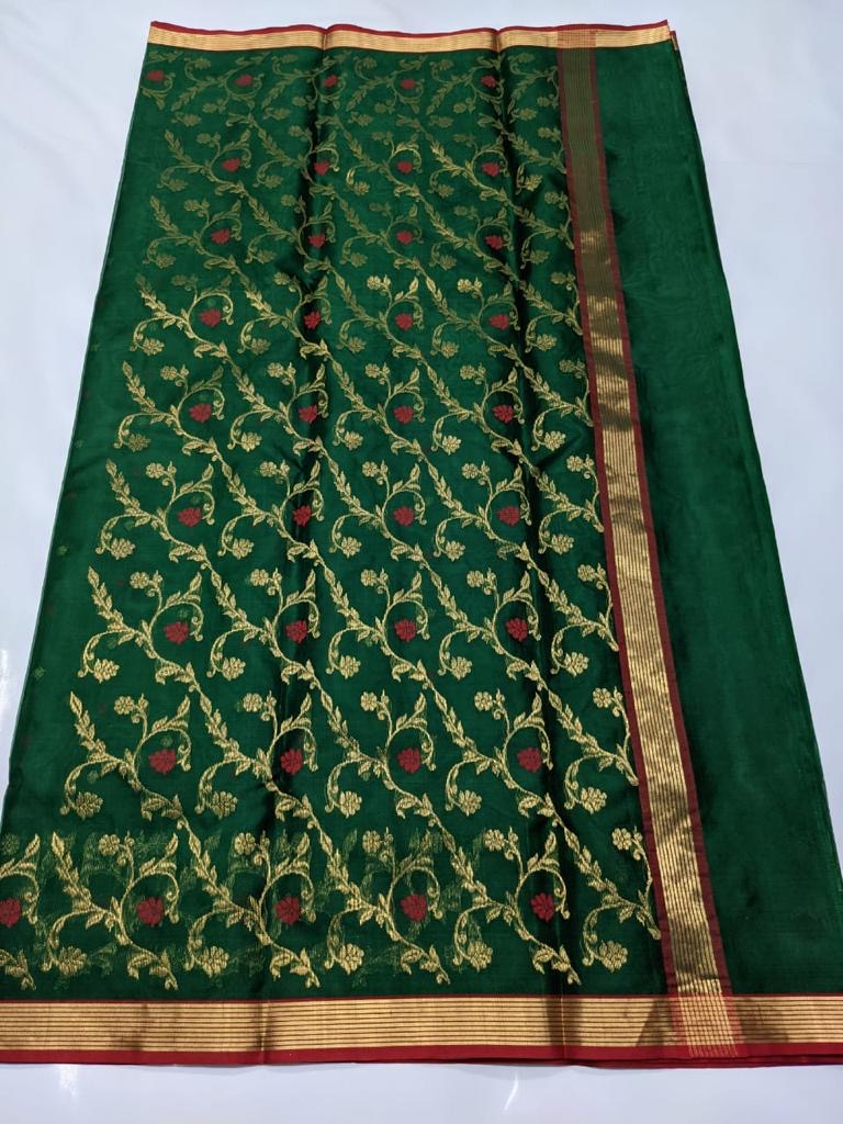 Green Small Border Panel Zaal Chanderi Handloom Saree