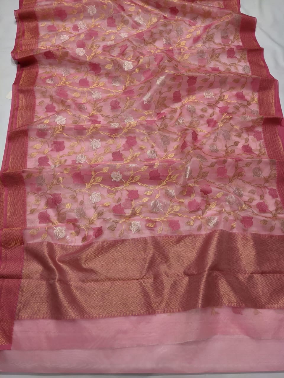 Pink Gold & Silver All Over Zaal Chanderi Handloom Saree