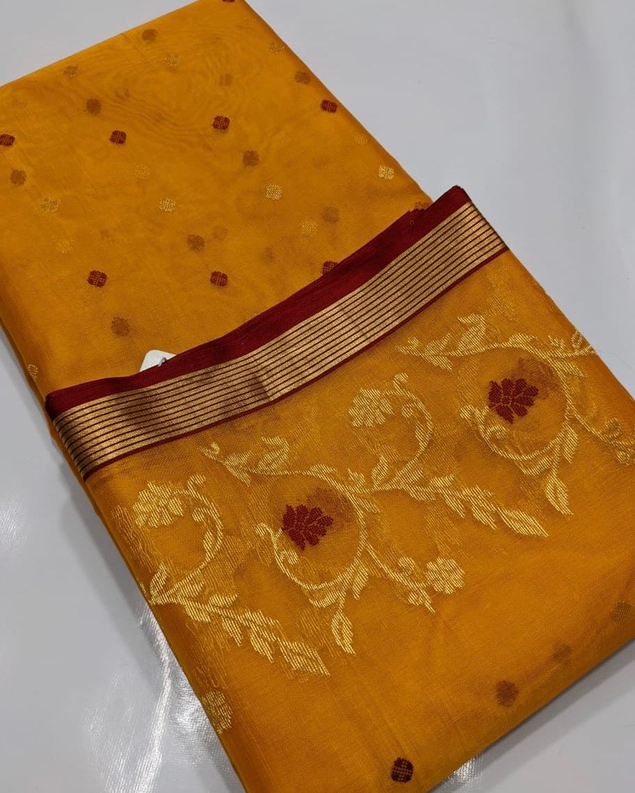 Kesari Yellow Kinar Border Zaal Chanderi Handloom Saree