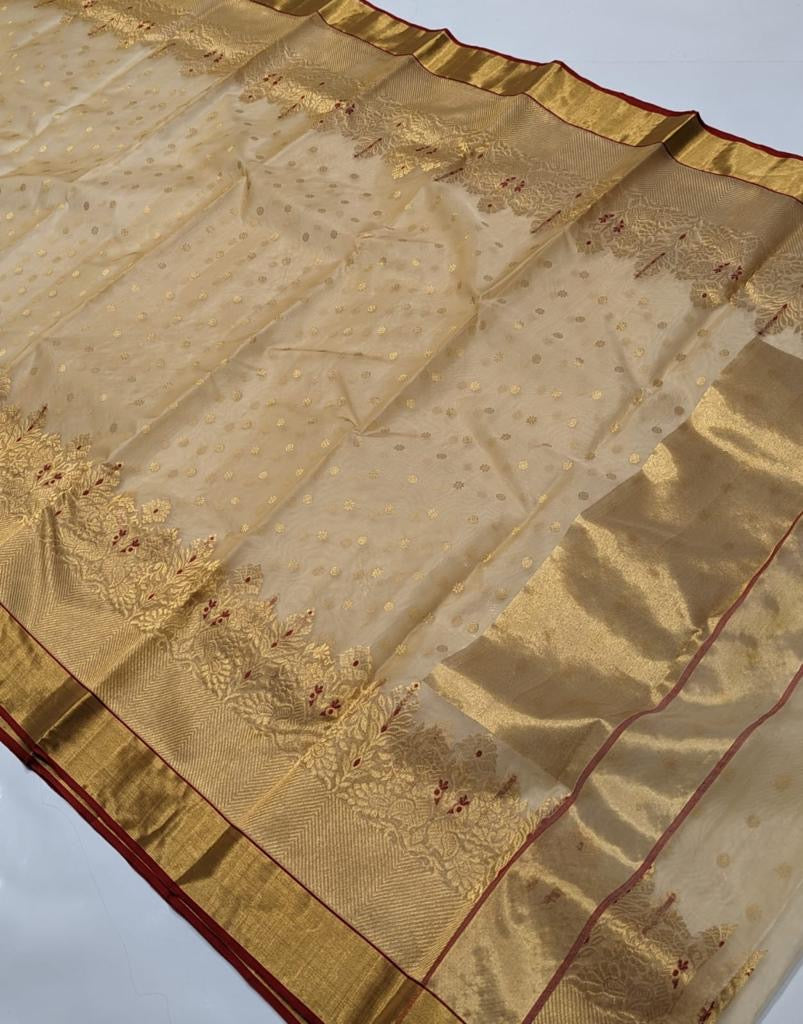 Beige Mina kari Hand Border Chanderi Handloom Saree