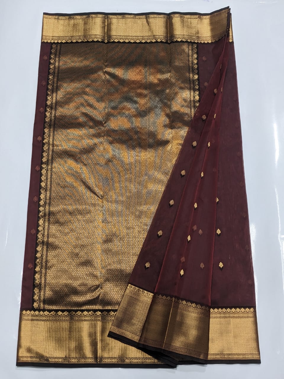 Brown Chanderi Double Buti Handloom Saree