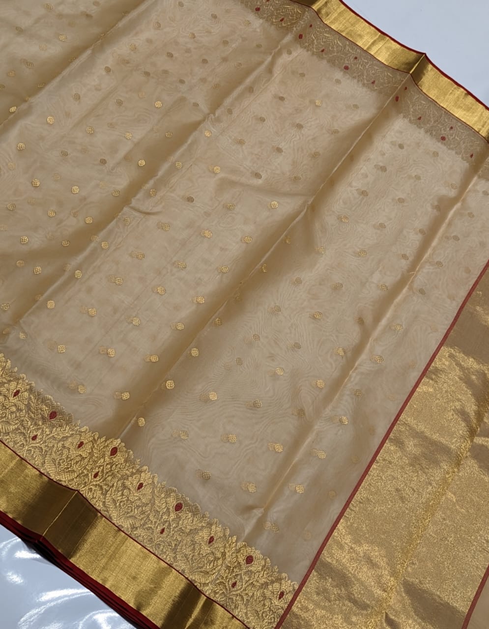 Chanderi Beige Handloom Hand Border Saree