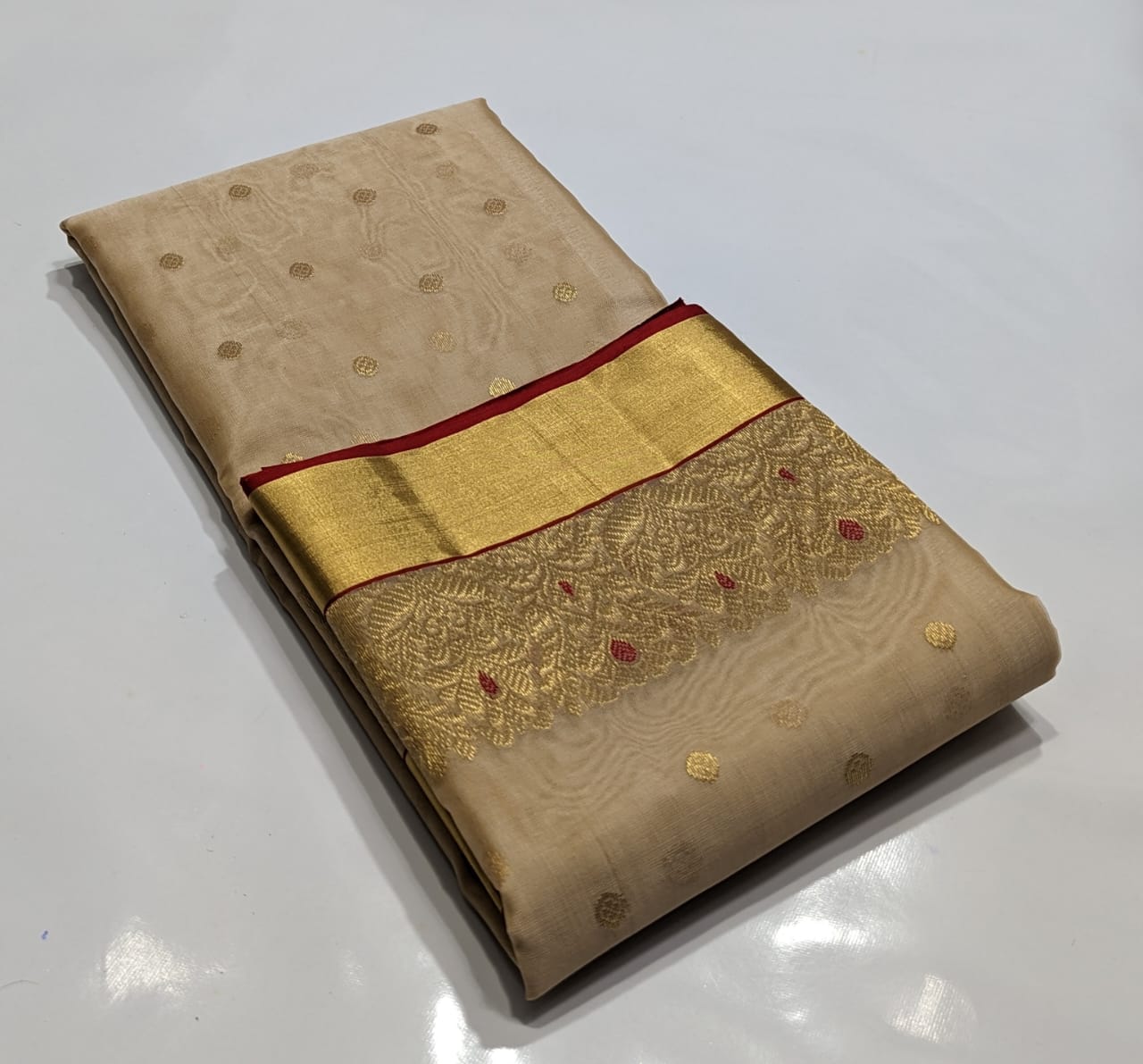 Chanderi Beige Handloom Hand Border Saree