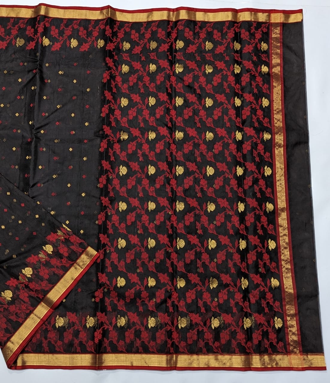 Black & Maroon Kinar Border Zaal Chanderi Handloom Saree