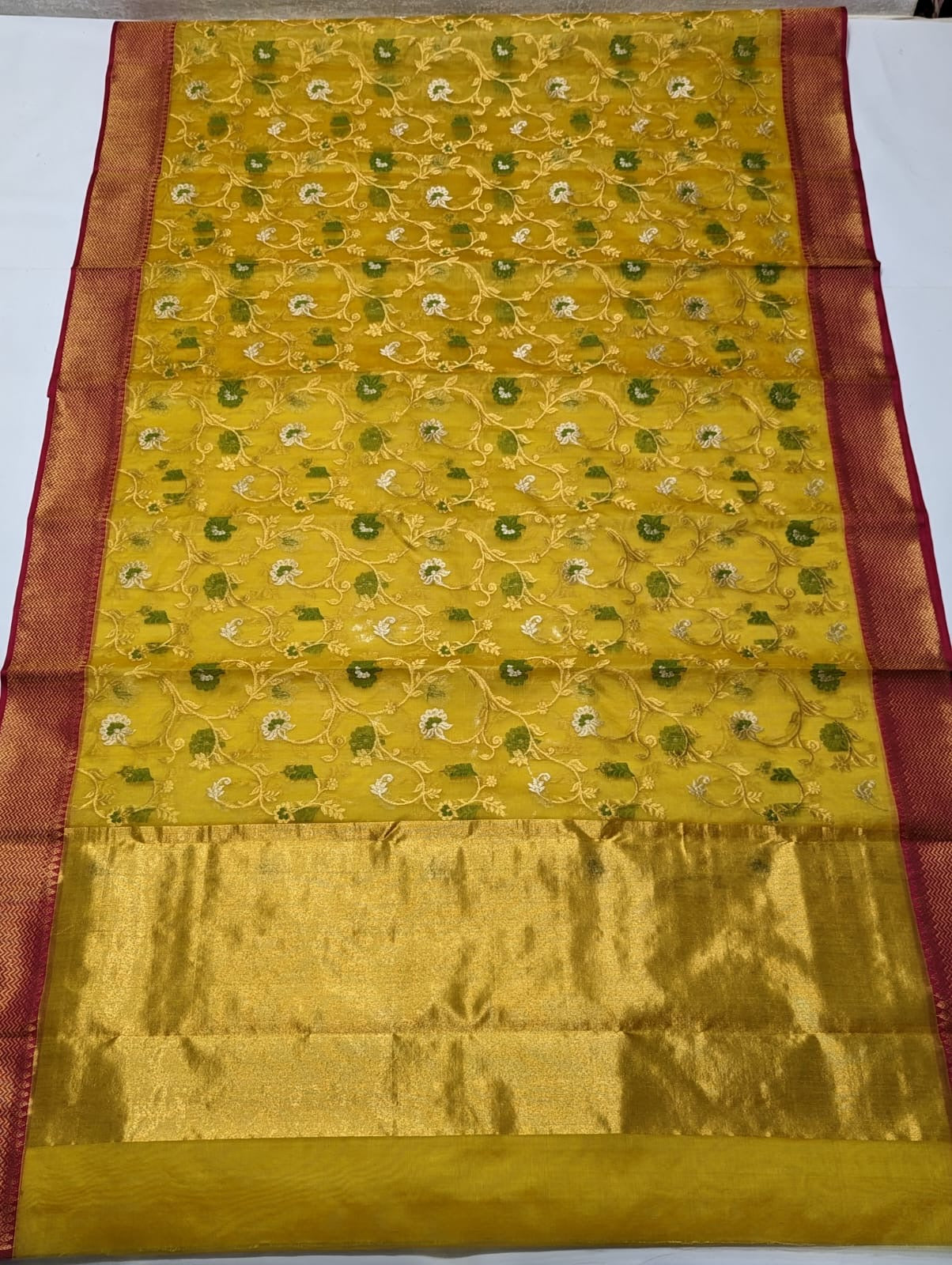 Mustard Yellow Hand Border Zaal Chanderi Handloom Saree
