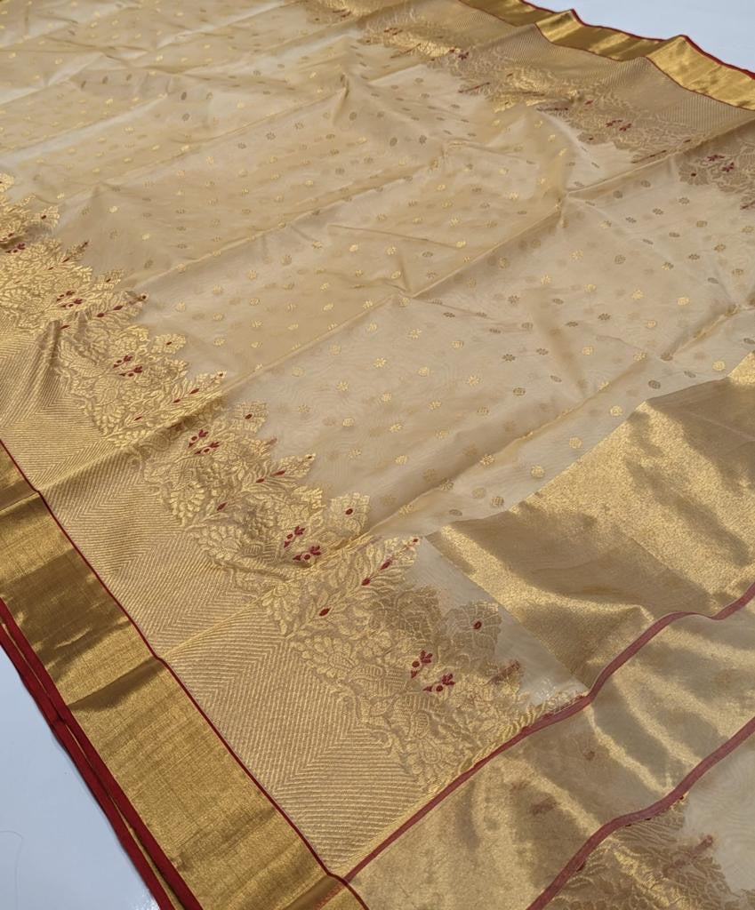Beige Mina kari Hand Border Chanderi Handloom Saree
