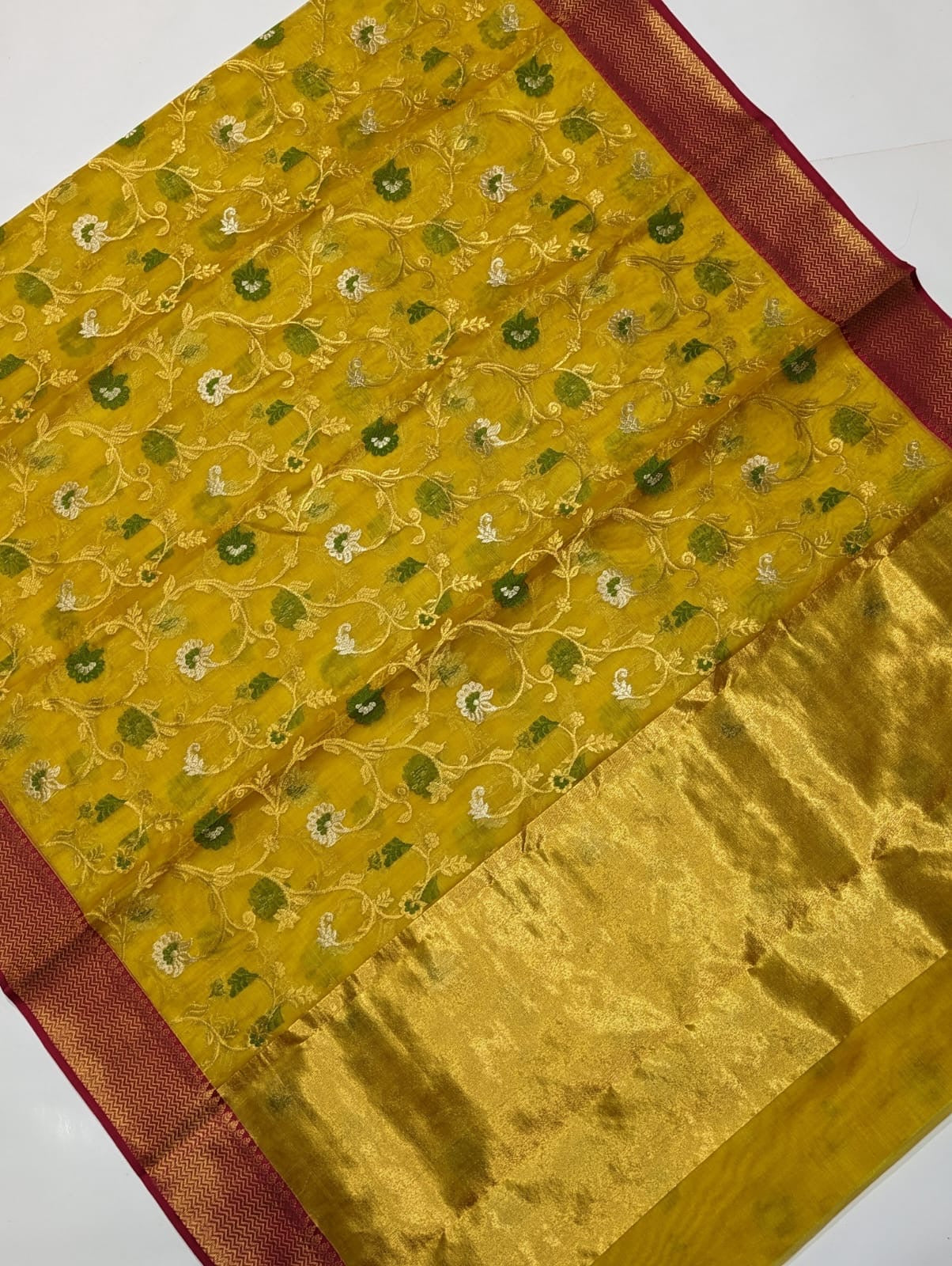 Mustard Yellow Hand Border Zaal Chanderi Handloom Saree