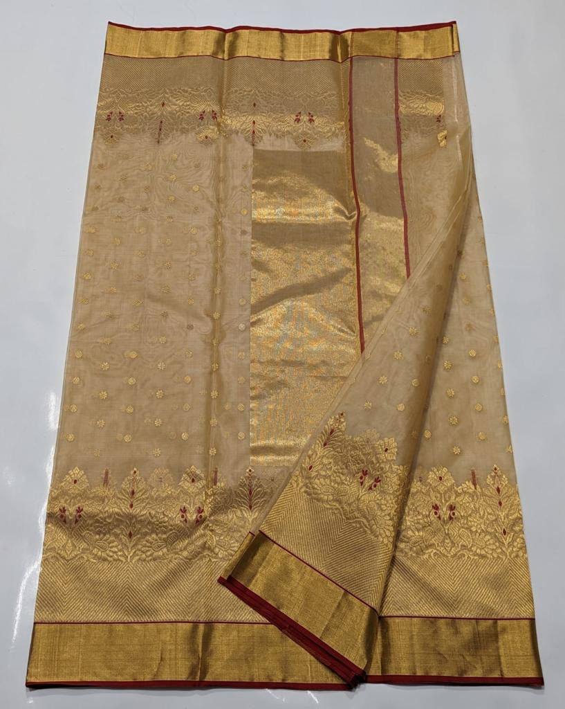 Beige Mina kari Hand Border Chanderi Handloom Saree