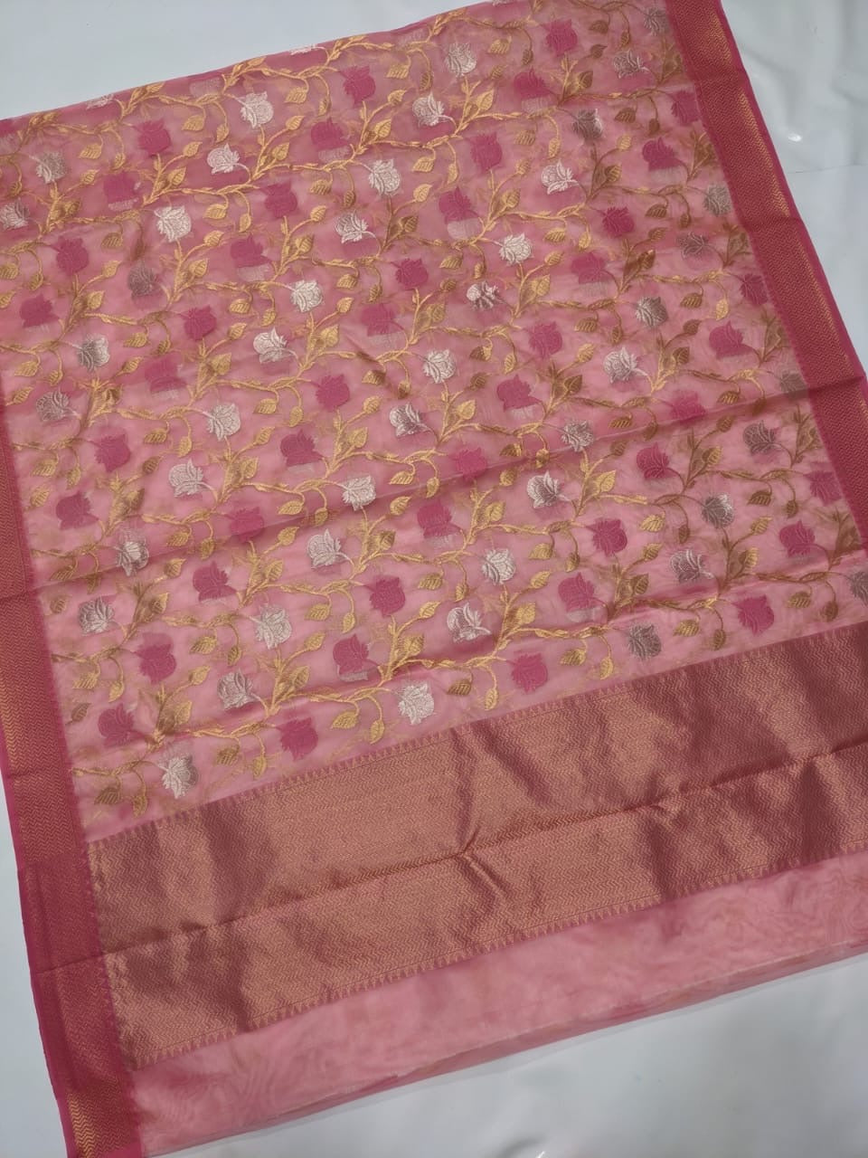 Pink Gold & Silver All Over Zaal Chanderi Handloom Saree