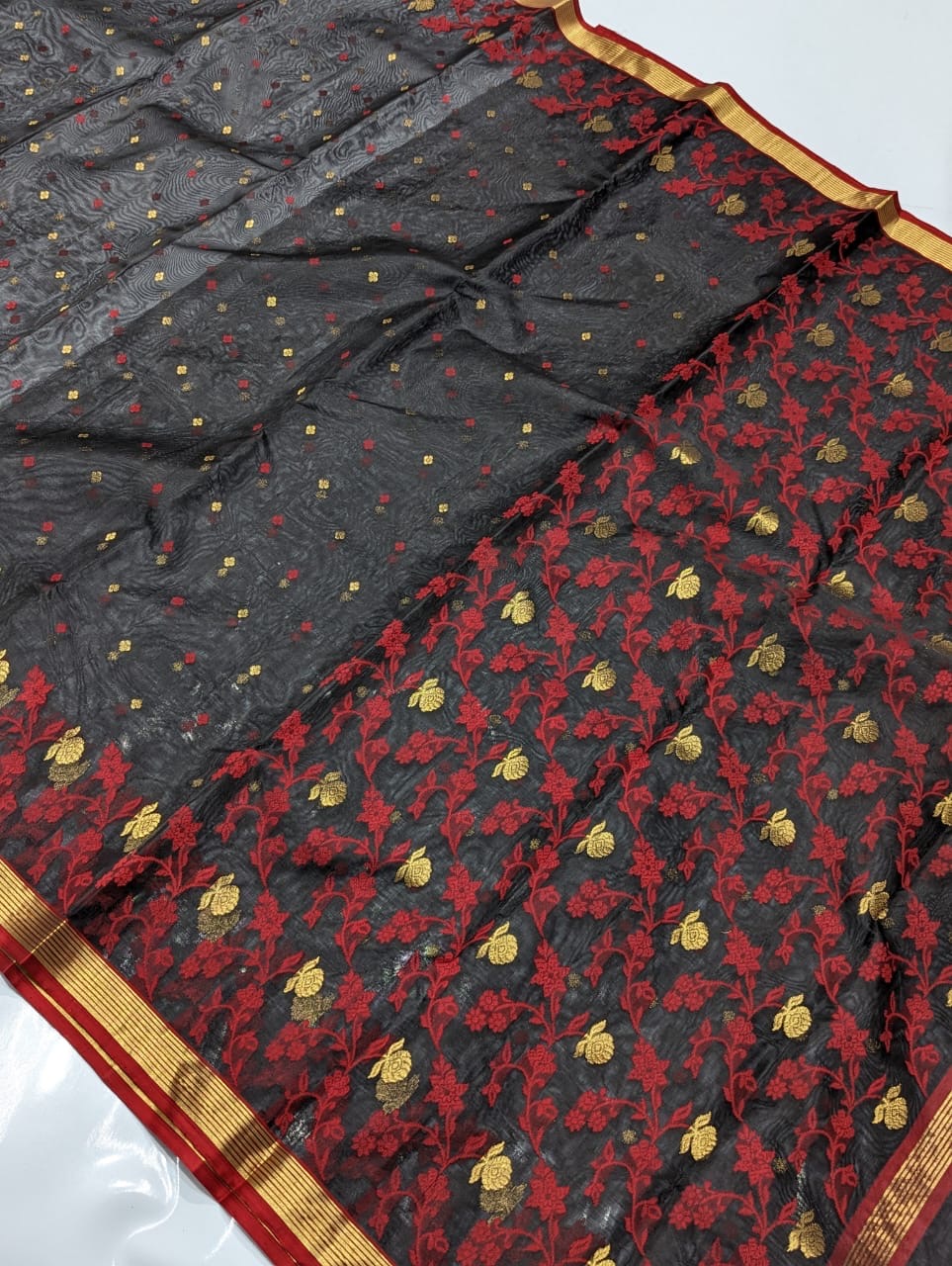 Black & Maroon Kinar Border Zaal Chanderi Handloom Saree
