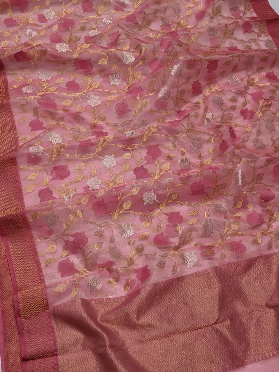 Pink Gold & Silver All Over Zaal Chanderi Handloom Saree