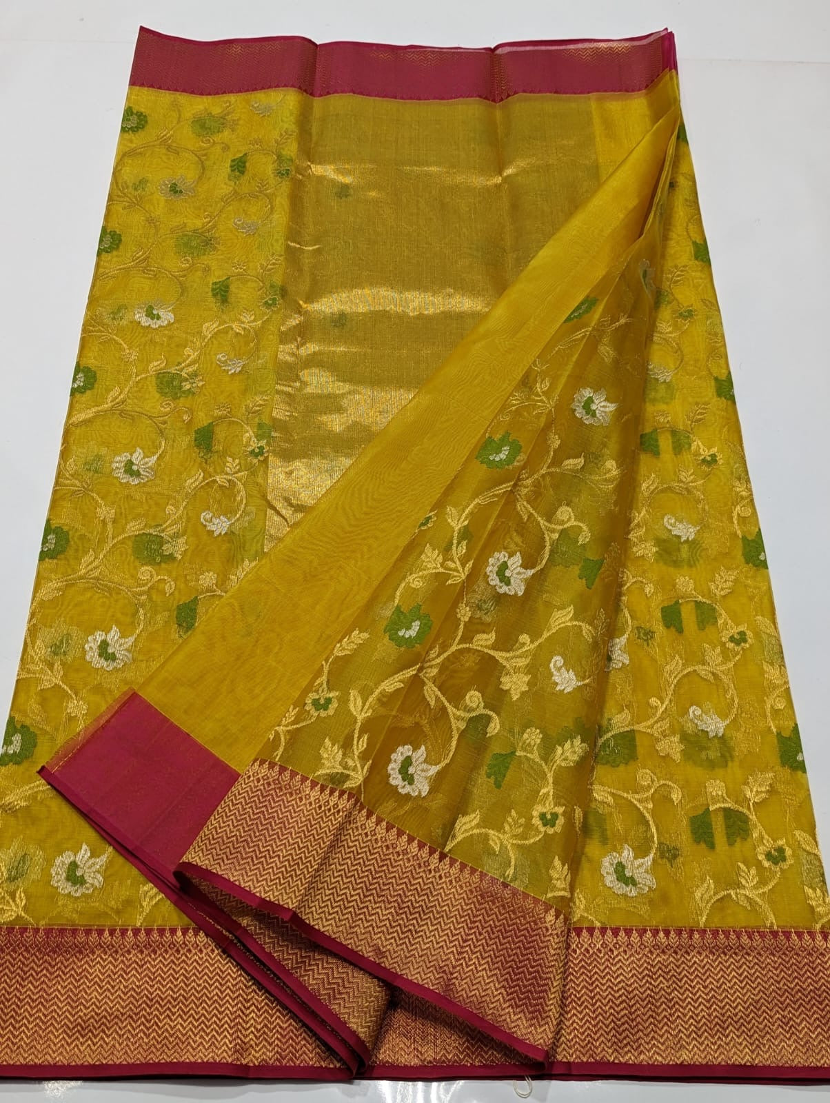Mustard Yellow Hand Border Zaal Chanderi Handloom Saree