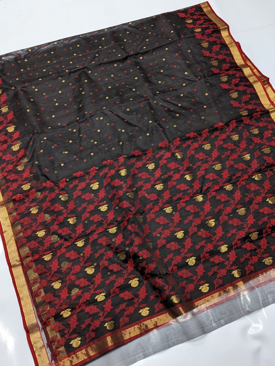 Black & Maroon Kinar Border Zaal Chanderi Handloom Saree
