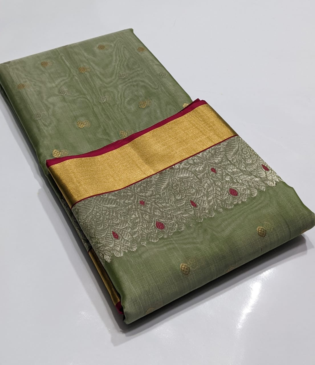 Chanderi Pista Green Hand Border Saree