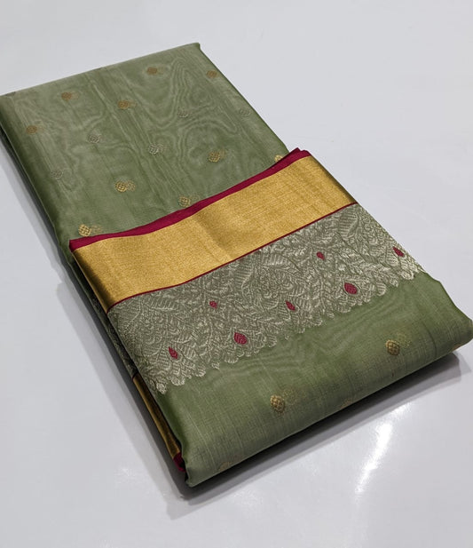 Chanderi Pista Green Hand Border Saree
