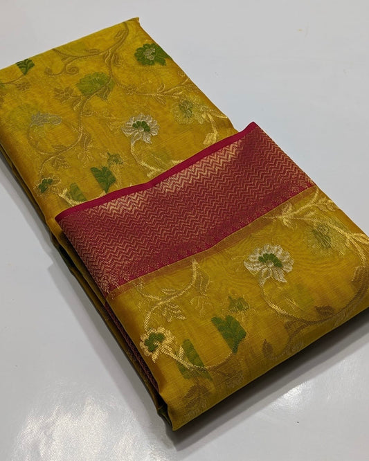 Mustard Yellow Hand Border Zaal Chanderi Handloom Saree